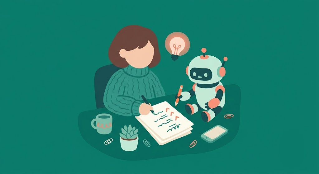 AIのロボットといっしょに議会質問の原稿を書いている議員のイラスト