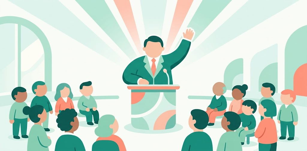 議場で自信を持って質問する議員のイラスト