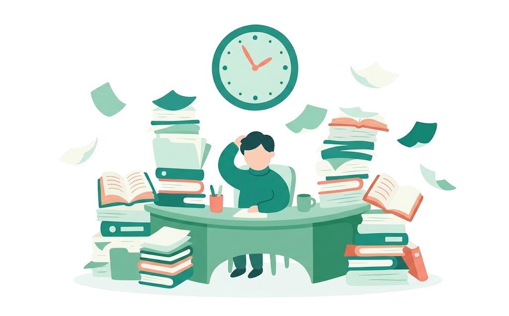 書類の山にかこまれて頭をかかえる議員のイラスト